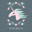 Unicorn card template with message You are magical on the dark gray background. Vector fairytale illustration.