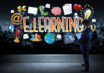 Wall Mural - Businessman watching e-learning sketch on a rooftop 3D rendering