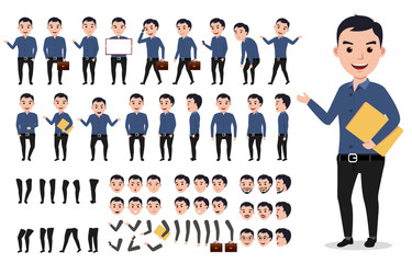 businessman or male vector character creation set. professional man holding folder with poses, gestu