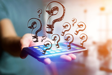 Poster - Hand drawn question mark icon going out a smartphone interface of a man at the office - technology concept