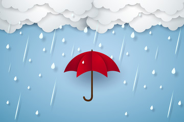 umbrella with heavy rain , rainy season , paper art style