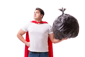 Wall Mural - Superhero man with garbage sack isolated on white