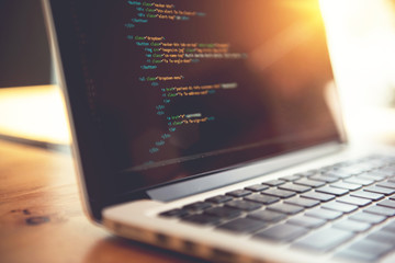 closeup coding html and programming on screen laptop, development web, developer.
