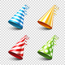 Party Shiny Hat With Ribbon. Holiday Decoration.Celebration.Birthday.Vector Illustration On Transparent Background. Set.