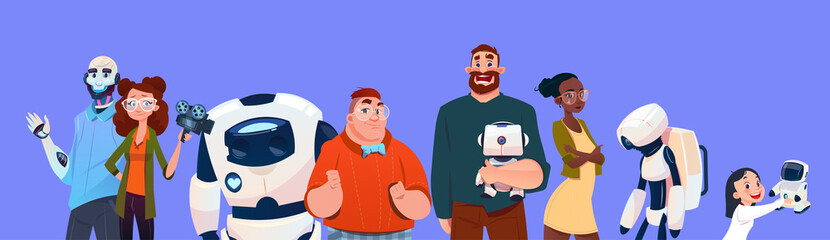 Poster - people group using modern robots, robotic assistance artificial intelligence concept flat vector ill