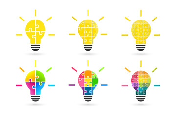Poster - light bulb made of puzzle pieces as idea concept. set made of various color and complexity.
