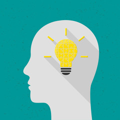 Poster - Thinking concept with bright light bulb made of puzzle and human head. Flat design with long shadow. 