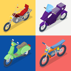 Wall Mural - Isometric Motorcycle Set with Mountaine Bike and Scooter. Vector flat 3d illustration