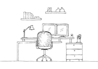 Fototapete - Sketch the room. Office chair, desk, various objects on the table. Sketch workspace. Vector illustration