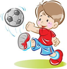 A little boy is playing with a soccer ball. Kicks him and drives the field. He is happy to score a goal. Handmade vector illustration.