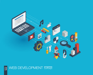 Web development integrated 3d icons. Digital network isometric progress concept. Connected graphic design line growth system. Abstract background for seo, website, app design. Vector Infograph