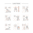 Vector icons on the theme of solar impact and protection measures during exposure to the sun in hot weather. Icons sunstrocke in outline style.