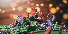 Casino Chips Falling On Green Felt. 3d Illustration