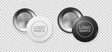 Realistic White And Black Button Badge Icon Set Isolated On Transparent Background. Front And Back View. Vector Design Template For Branding, Advertise Etc. EPS10 Mockup.