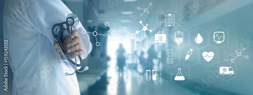 Fotomural Doctor with stethoscope and white icon medical on hospital background, medical t