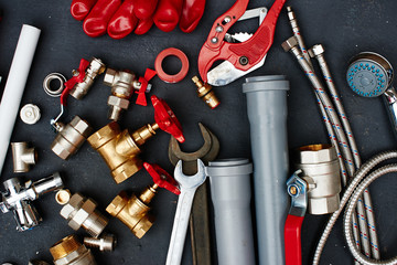 Top view of the plumbing equipment on a black background