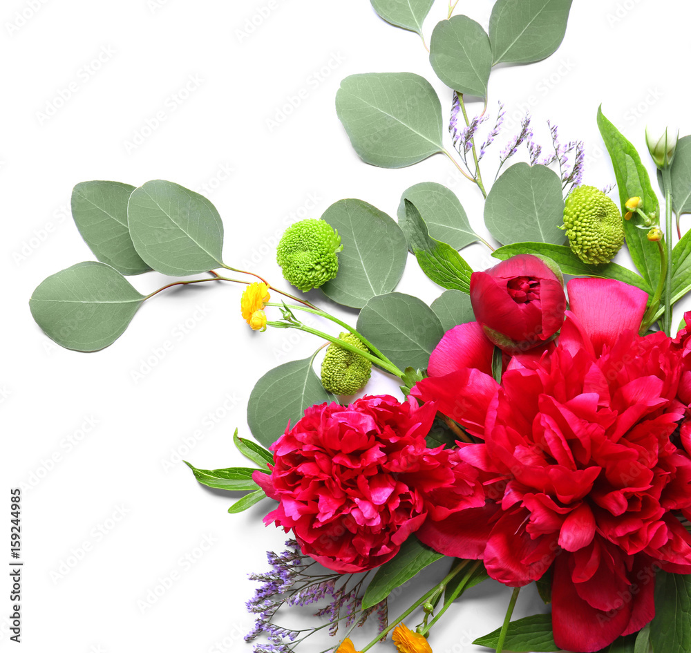 Composition of different flowers on white background. Creativity concept