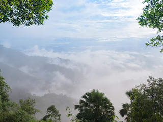 Fog and clouds above the mountains in rainy season at Thailand.