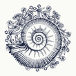 Ammonites and art nouveau flowers tattoo. Symbol of science, paleontology, history, biology, golden ratio. Ancient mollusk t-shirt design