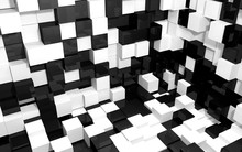 Abstract Beautiful Creative Background Of Black White Random Extended And Dented Cubes Corner Of Two Intersection Walls And Floor With Reflections For Desktop, Site, Banner, Wallpapper. 3d Render