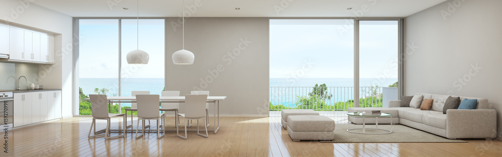 Sea view kitchen, dining and living room of luxury beach house in ...