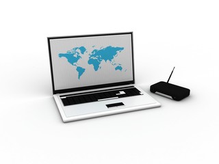 Poster - 3d rendering Transmitter Wi-Fi modem with laptop
