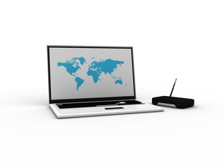 Poster - 3d rendering Transmitter Wi-Fi modem with laptop
