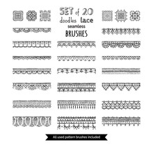 Vector Set Of 20 Doodles Lace Seamless Brushes.