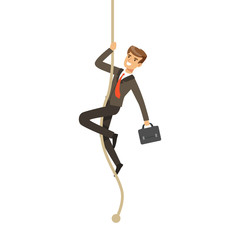 Sticker - Smiling businessman with briefcase climbing a rope vector Illustration