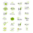 Set of vector eco, bio green logo or sign. Vegan, raw, healthy food badge