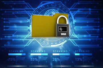 Poster - Yellow folder and lock. Data security concept. 3D rendering
