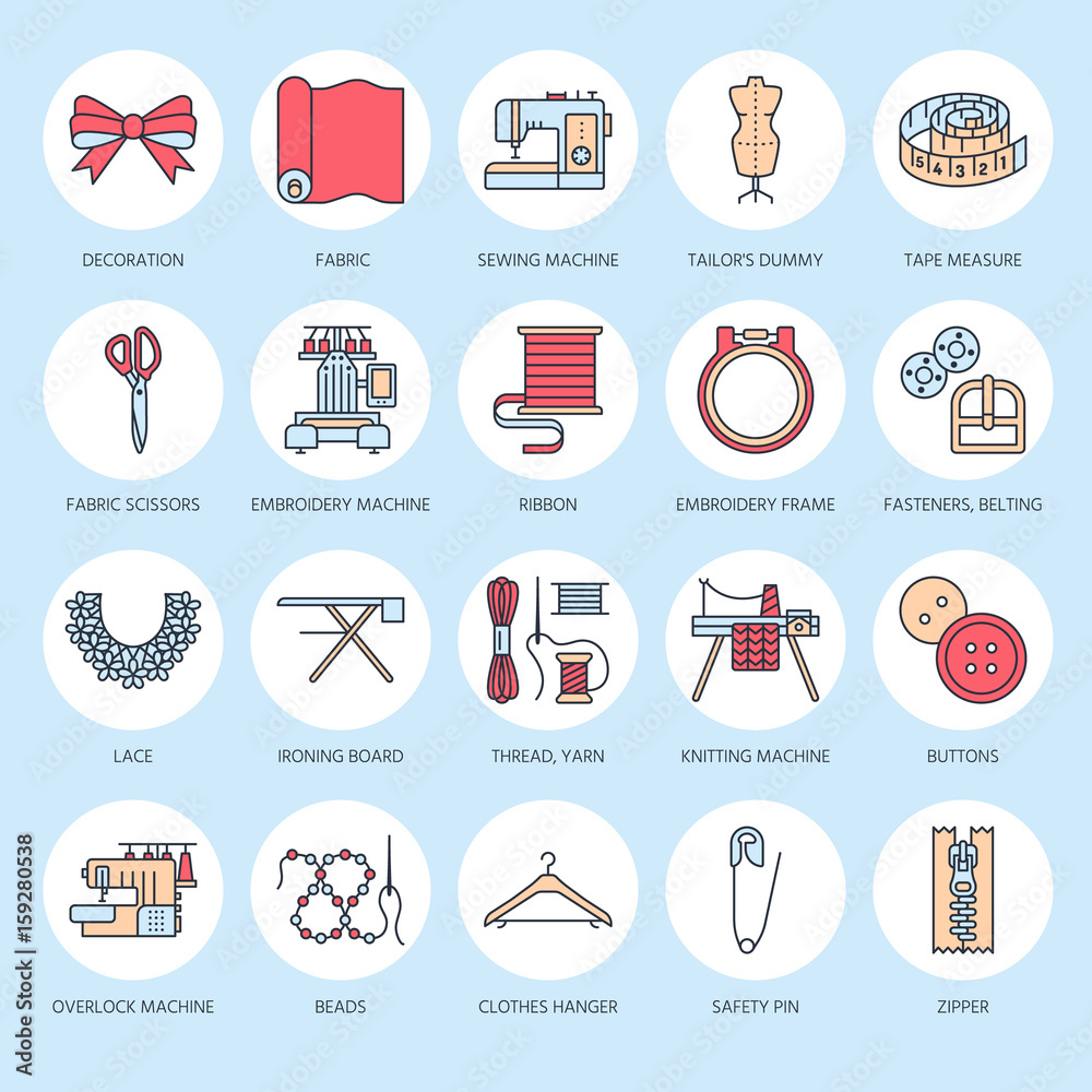 Sewing Tools Sign Sewing equipment, tailor supplies flat line icons set. Needlework ...