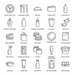 Plastic packaging, disposable tableware line icons. Product packs, container, bottle, packet, canister, plates and cutlery. Container thin linear signs for shop or synthetic material goods production.