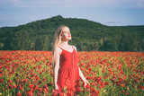 Fototapeta Kuchnia - Lovely young blonde girl in a poppy field at sunset light