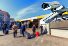 Security CCTV Camera With Boat Station On Blurry Background