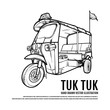 Thai Tuk Tuk. Taxi Bangkok Hand Drawn vector Illustration. Travel Thailand Concept.
