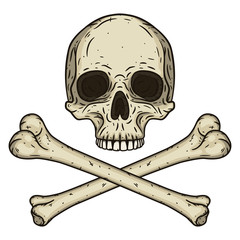 Human skull with two crossed bones isolated on white background. Vector illustration in hand drawn style.