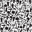 © tribalium81 - background pattern with barber salon or shop icons (shaving tools collection, comb, mustache, scissors, shears, haircut, razor, lotion, pole, hair dryer, chair, beard, cream)