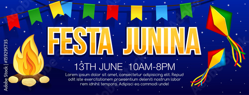 Festa Junina Banner With Traditional Paper Bonfire Flags And Sky