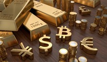 3D Rendered Illustration Of Gold Bars And Golden Currency Symbols. Stock Exchange And Banking Concept.