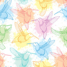 Vector Seamless Pattern With Flying Hummingbird Or Colibri In Contour Style And Blots In Pastel Color On The White Background. Elegance Background With Exotic Tropical Bird For Summer Design. 