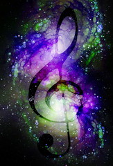 Aufkleber - Music clef in space with stars. abstract color background. Glass effect. Music concept.