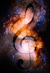 Poster - Music clef in space with stars. abstract color background. Glass effect. Music concept.