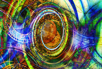 Fototapete - Old clock and zodiac collage. Abstract color background.