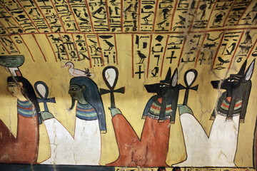 Wall painting and decoration of the tomb: ancient Egyptian gods and hieroglyphs in wall painting