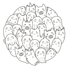 Circle Shape Pattern With Cute Ghosts For Coloring Book. Vector Illustration