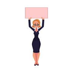 Girl, woman, businesswoman on strike holding empty board over head with two hands, cartoon vector illustration isolated on white background. Businesswoman, woman with empty board on strike