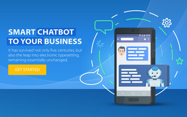 Poster - Chatbot business concept. Modern banner for the site. Chatbot and future marketing concept. Dialog box of mobile phone. Smartphone on a blue background. Vector illustration