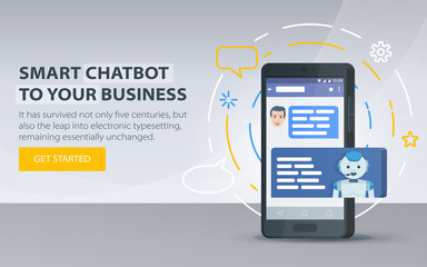 Poster - Chatbot and future marketing concept. Chatbot business concept. Modern banner for the site. Dialog box of mobile phone. Smartphone on a gray background. Vector illustration