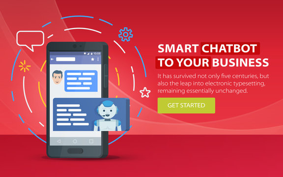 Chatbot and future marketing concept. Modern banner for the site. Dialog box of mobile phone. Chatbot business concept. Smartphone on a red background. Vector illustration